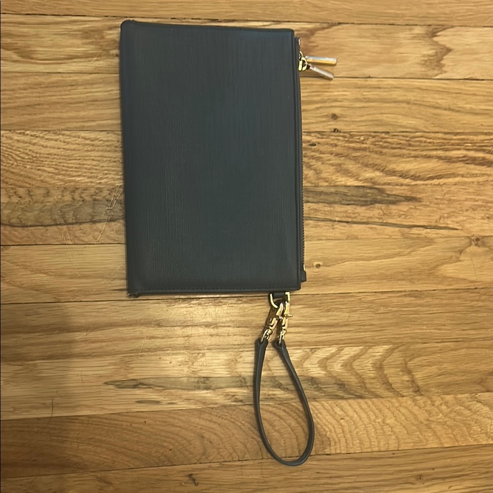Dagne Dover slate blue/gray Wristlet with Gold Accents